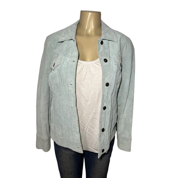 Terry Lewis Women's Suede Jacket Button Pockets Powder Blue Size Medium - Picture 3 of 15